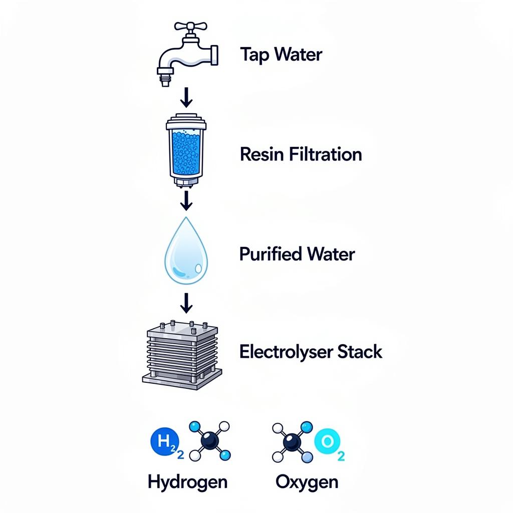 Water purification chain: tap water → resin filtration → purified water → electrolyser stack → hydrogen and oxygen